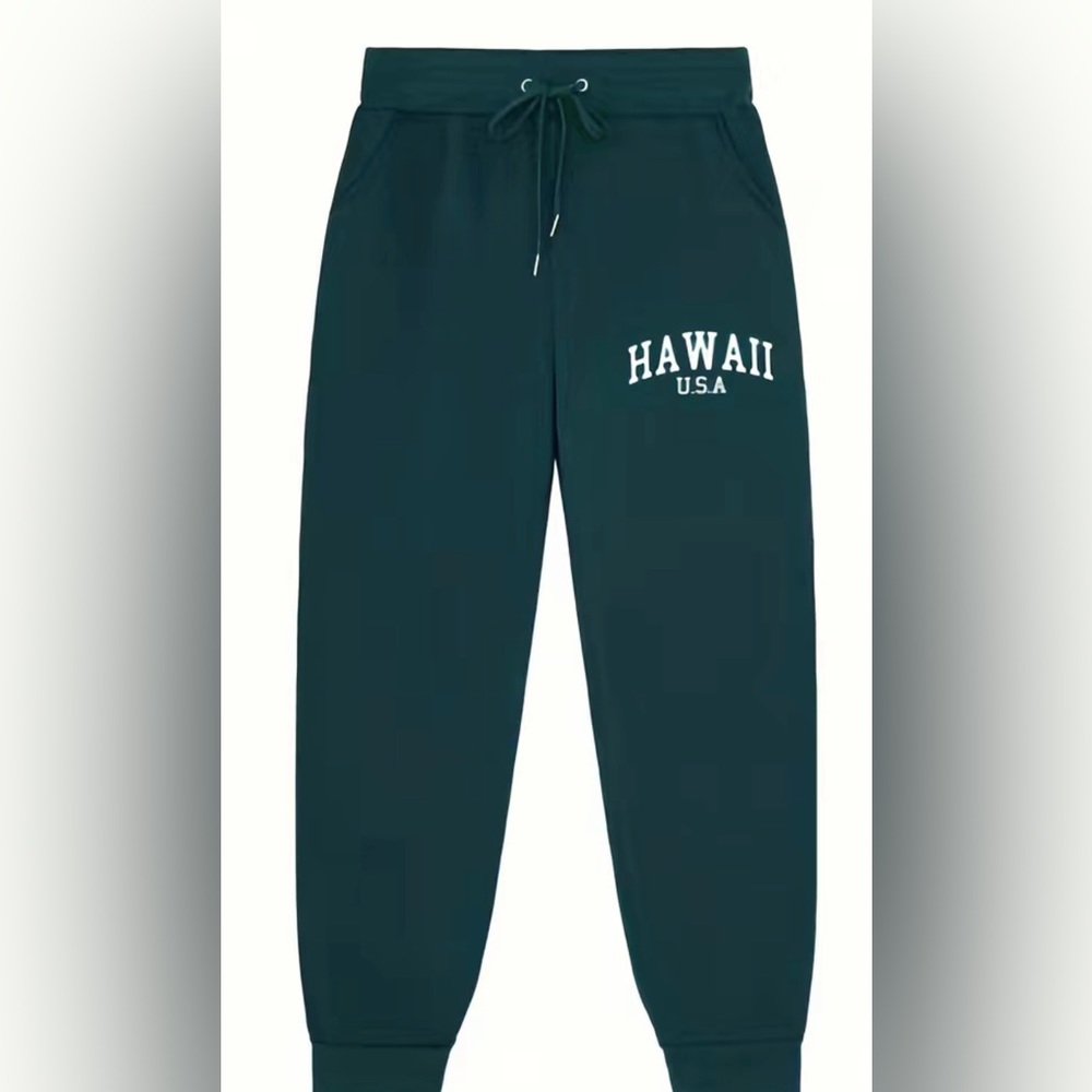 "Hawaii" Print Dark Green Joggers With Pockets